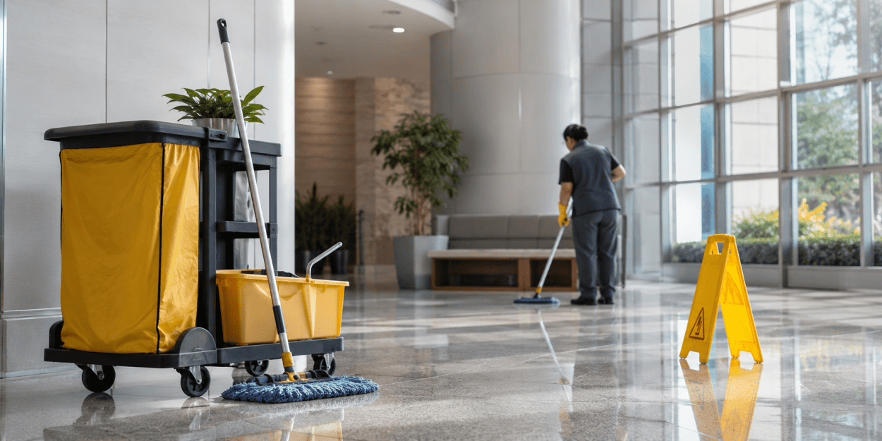 How to Find Reliable Janitorial Services Near Toronto in 2026 Modern commercial lobby being professionally cleaned by a janitorial worker with a cleaning cart, mop, and wet-floor safety sign.
