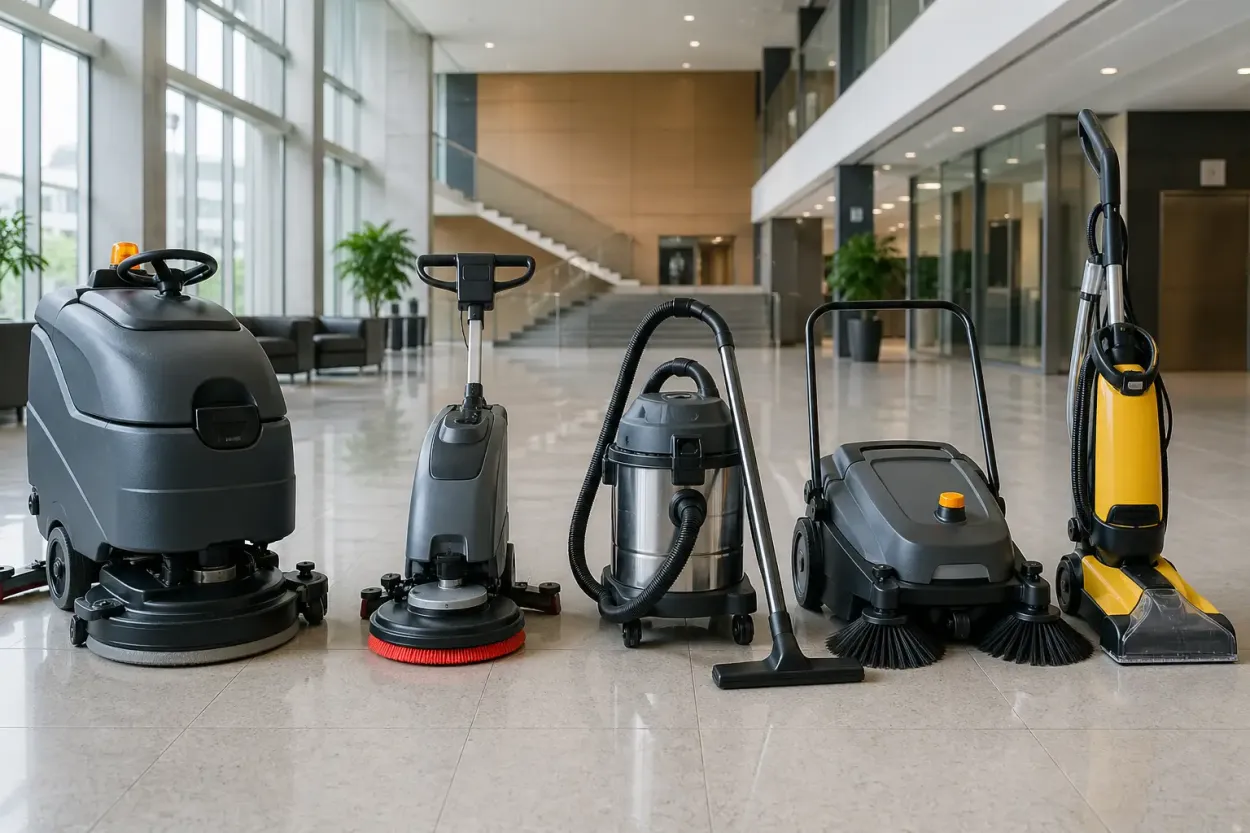 Commercial floor cleaning machines in a modern workspace Professional floor cleaning equipment including scrubbers, vacuum, and sweepers displayed in a modern commercial lobby with polished tile flooring