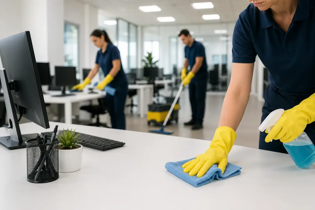 Office cleaning team maintaining a clean and organized workplace environment Professional cleaning staff sanitizing desks and floors in a modern open-plan office workspace