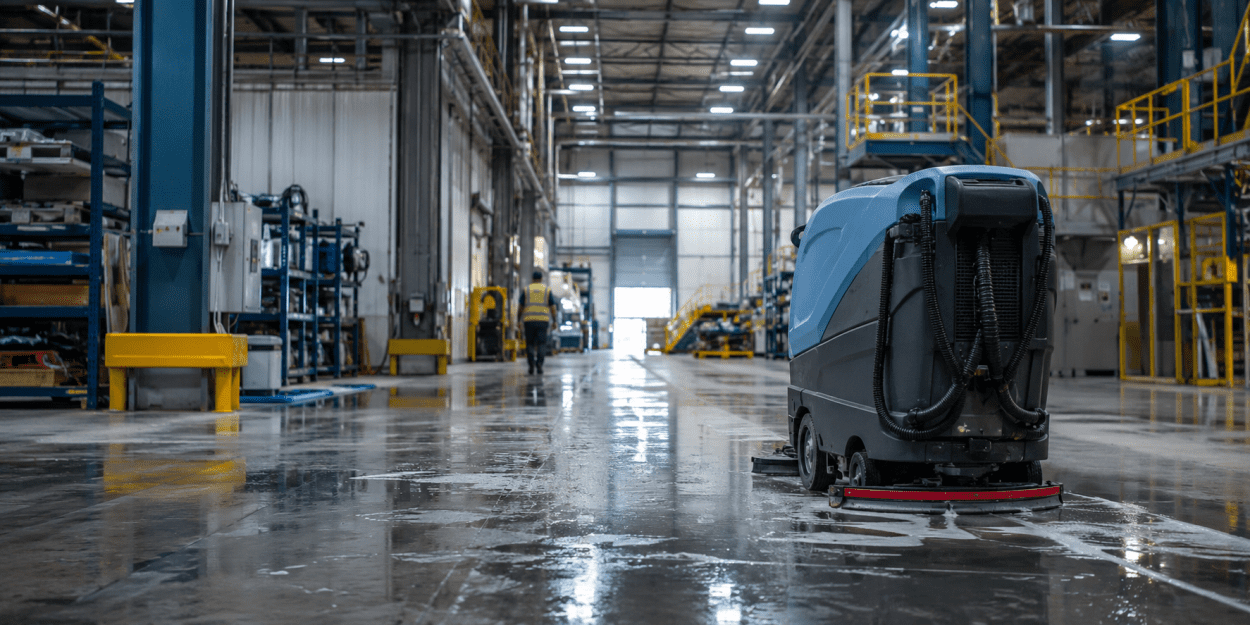 How to Effectively Clean Industrial Facilities in Toronto: Expert Best Practices, Regulations & Tips for 2026 Professional industrial cleaning inside a large modern warehouse with a ride-on floor scrubber cleaning polished concrete floors, high ceilings, industrial shelving, heavy machinery, and a worker in high-visibility safety gear, showcasing a clean, safe, and well-maintained manufacturing facility.